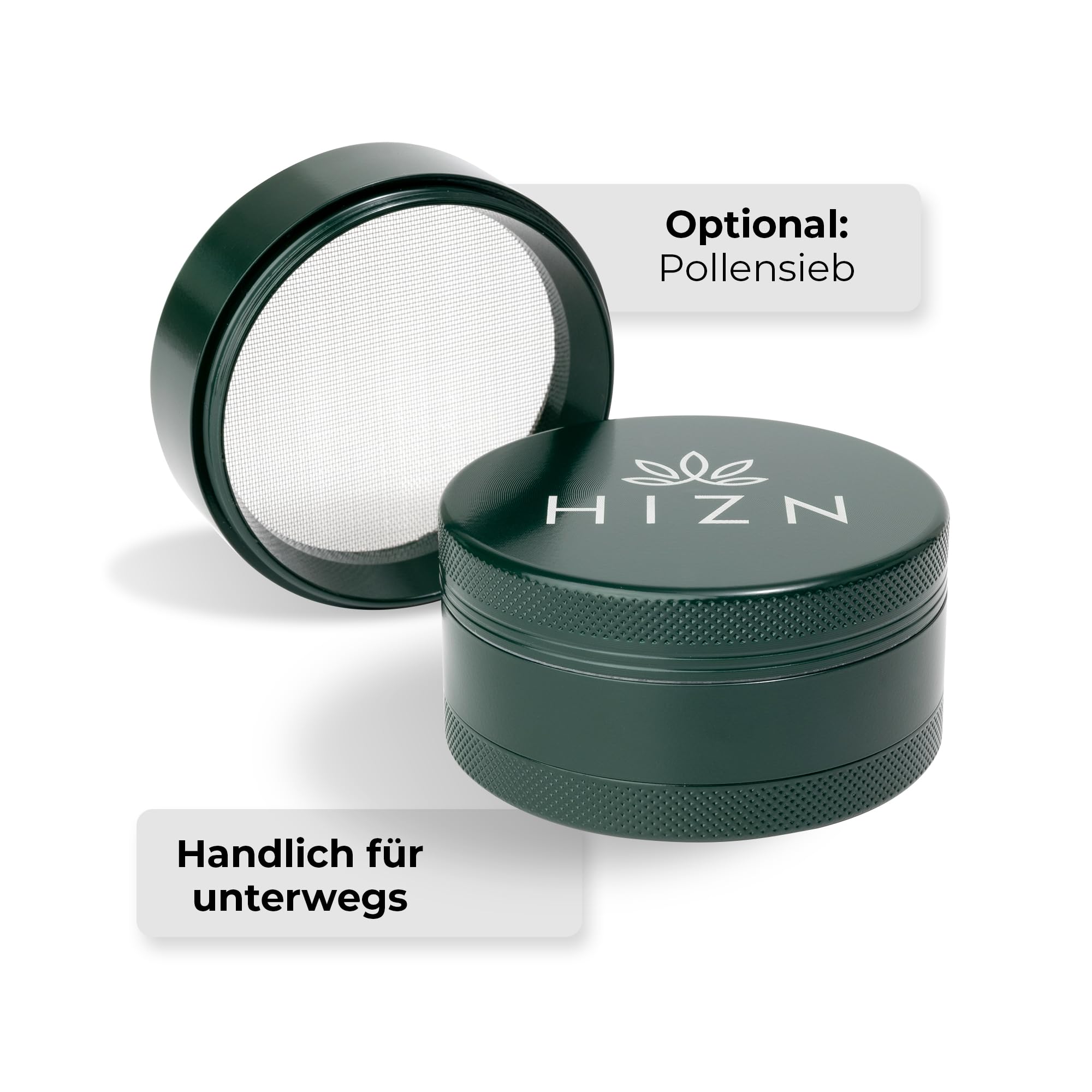 Grinder in ceramica | Ø 63 mm | 4 pezzi | antiaderente grazie al rivestimento in nanoceramica | con sacchetto, raschietto per polline, pennello e boccaglio (verde mezzanotte)