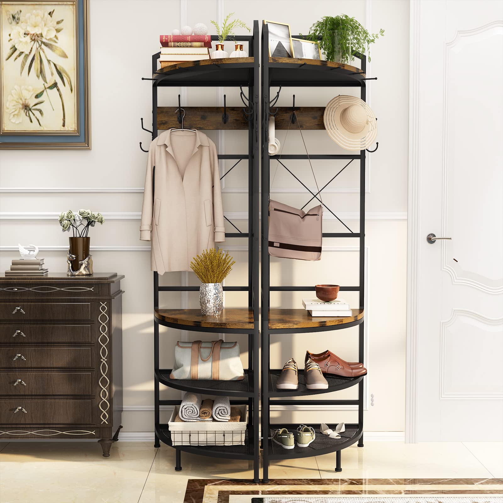 Lamerge Corner Hall Tree With Shoe Rack - Industrial Coat Rack With Hooks & Shelf For Entryway