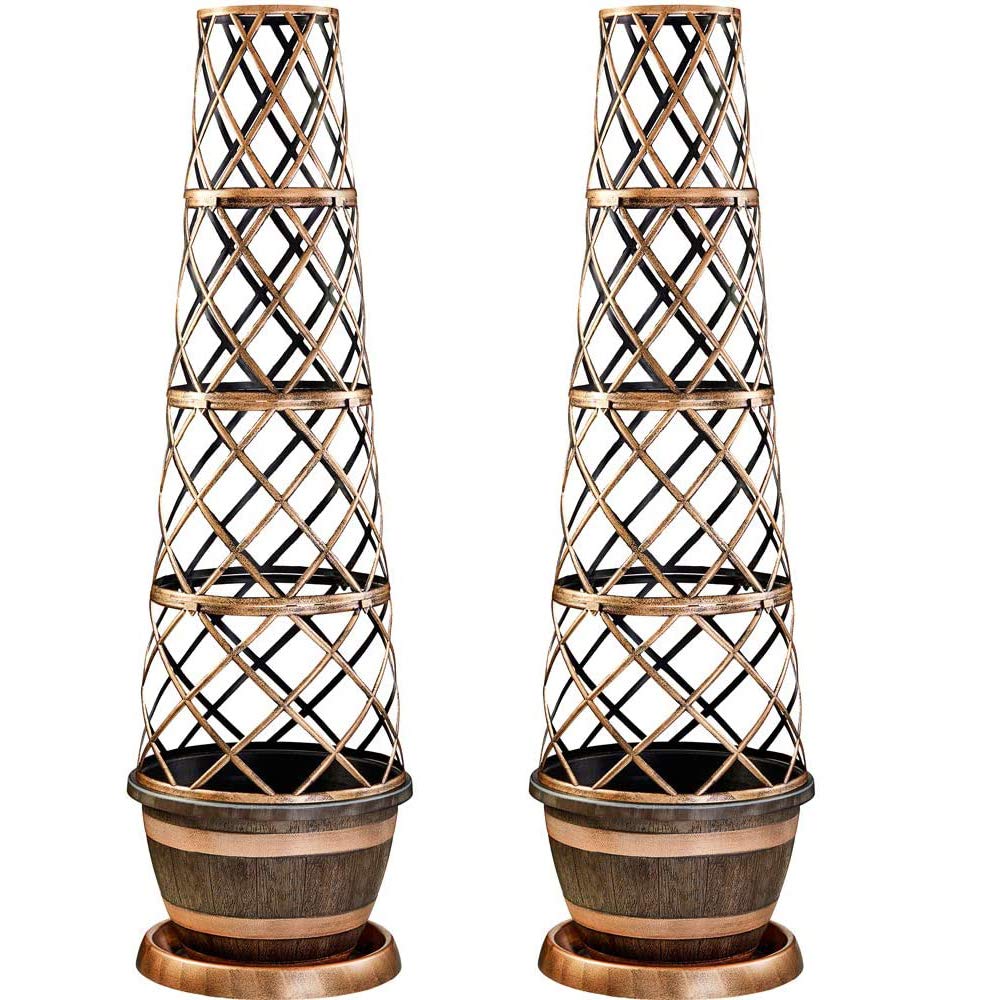 Thompson & Morgan Gold Garden Flower Tower Pot Barrel Effect Plant Pot Design With Flower Pot, Saucer And Frame Perfect For Climbing Plants, 2 X Barrel Effect Tower Pots