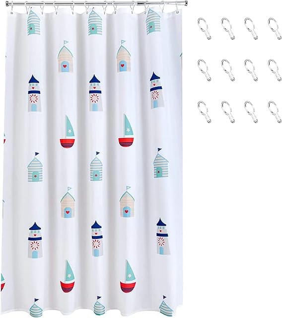 AQUALONA Beach Huts Shower Curtain - Polyester with a Water-repellent Coating, Lustre Finish and Rustproof Chrome Eyelets with 12 FREE HOOKS INCLUDED - Mildew Resistant and Weighted Hem, 180 x 180 cm