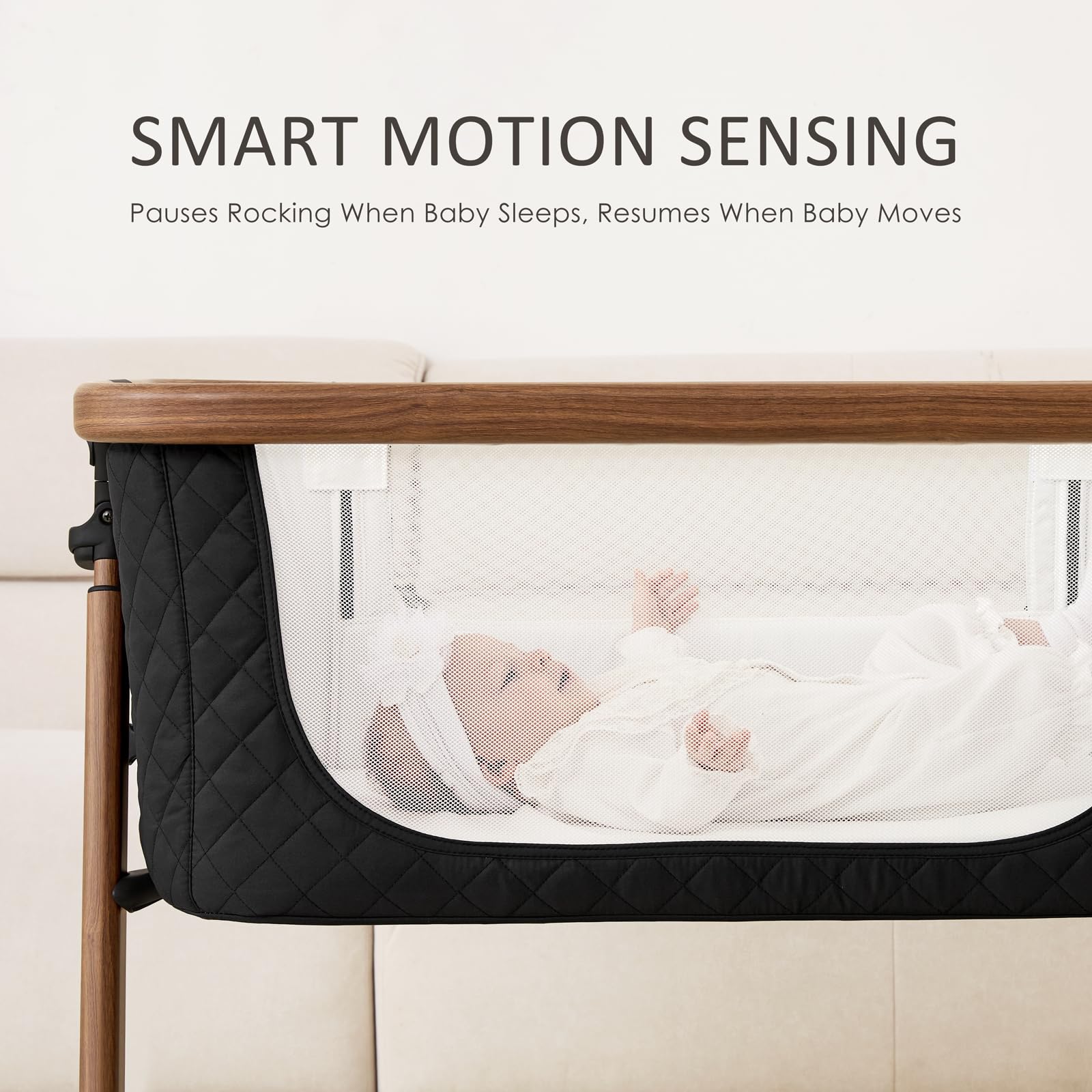 ANGELBLISS Electric Baby Bassinet Bedside Sleeper with Auto Rocking, Remote/Touch Control, 3 Timer Modes, 12 Sounds, 6 Heights, Storage & Wheels (Black) | Breathable Mesh — view 5