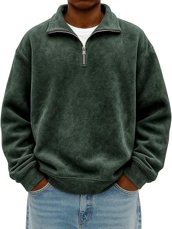 Mens Polo Long Sleeve Shirt Quarter Zip Up Pullover Sweatshirt Solid Color Collared Polo Shirts Distressed T-Shirt Tops