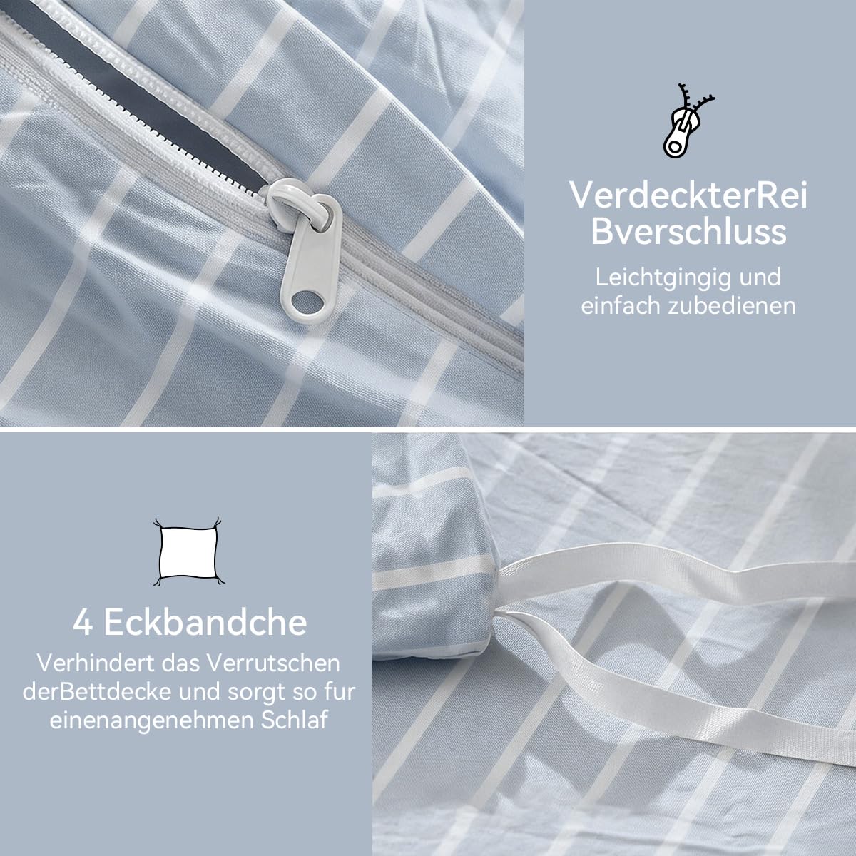 Lanqinglv Bettwäsche 200x220 Baumwolle Gestreift Blau,100% Renforce Baumwolle Bettwäsche Set mit Reißverschluss,ÖKO-TEX Bettwäsche für Allergiker Geeignet,1 Bettbezug & 2 Kissenbezug 80x80 cm