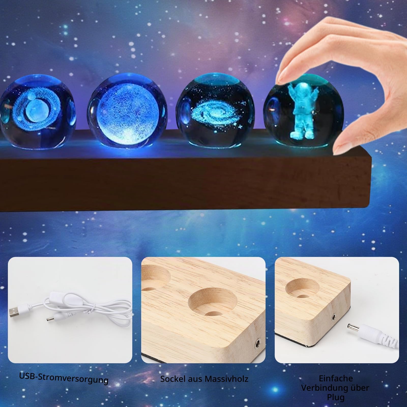 3D Kristallkugel Nachtlicht, 7 Planet Sonnensystem Glaskristallkugeln mit LED Holzsockel, 40mm Glaskugel LED Ball Lampe, Planeten Modell Kristallkugel Schreibtisch Dekor Astronomie Geschenk