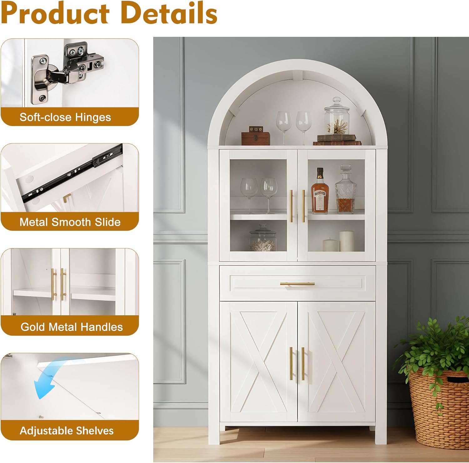 71" Tall Arched Kitchen Pantry with Glass Door, Farmhouse Storage Cabinet with Adjustable Shelves & Barn Door for Kitchen, Living Room, Dining Room (White)