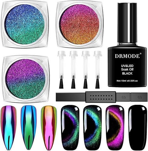 Polvo de uñas cromado, 3 piezas, efecto de espejo de ojo de gato y camaleón, pigmento metálico de manicura con gema de galaxia 9D con gel UV negro disponible en Yaxa Colombia