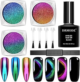 Cat Eye Chrome Nail Powder - 3PC Get Cat Eye Effect and Chameleon Mirror Effect, 9D Galaxy Gem Glitter Metallic Manicure Pigment with Bonus Black UV Gel and Magnetic Stick - Unique DIY Set