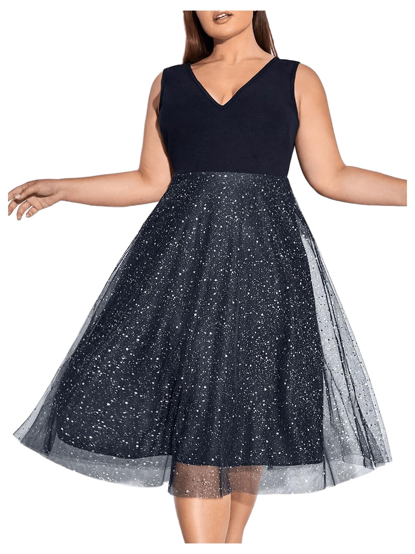 Floerns Women's Plus Size V Neck Sleeveless Sequin Cocktail Party Midi Dress