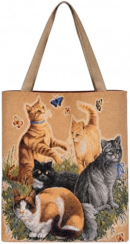 Multi-Cat & Butterfly Tapestry Tote Bag, Large Jacquard Woven Shoulder Bag with 4" Gusset, Cute Feline Lover Handbag for Groceries & Gift, 15" x 16" (Beige & Feline Multi-Color)