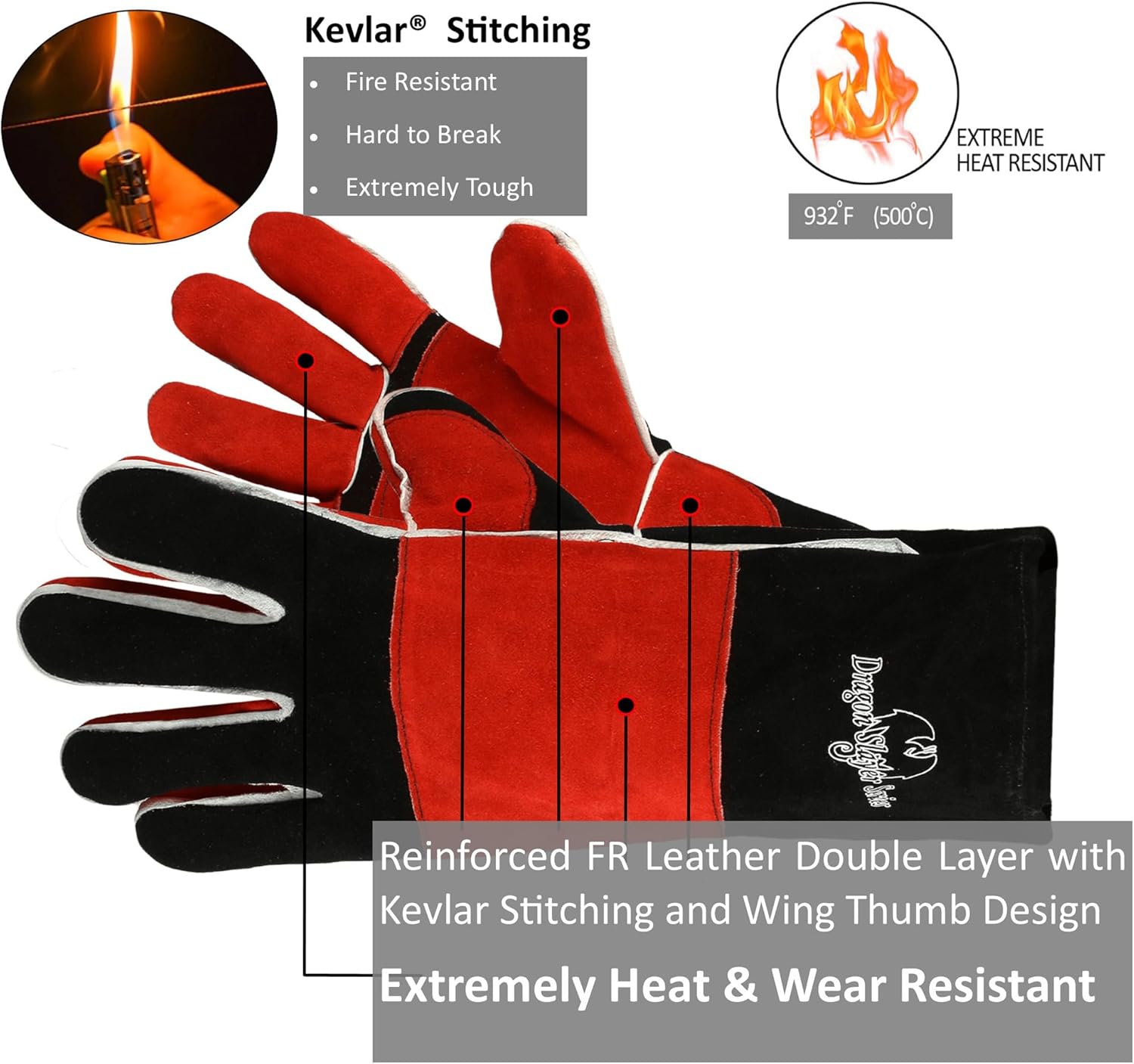 STRONGARM Dragon Slayer 14" Welding Gloves, High Heat up to 932°F (500°C), FR Cowhide Leather Gauntlet, Kevlar Stitching, 3-Layer Insulated for MIG TIG Stick Welding, 1 Pair
