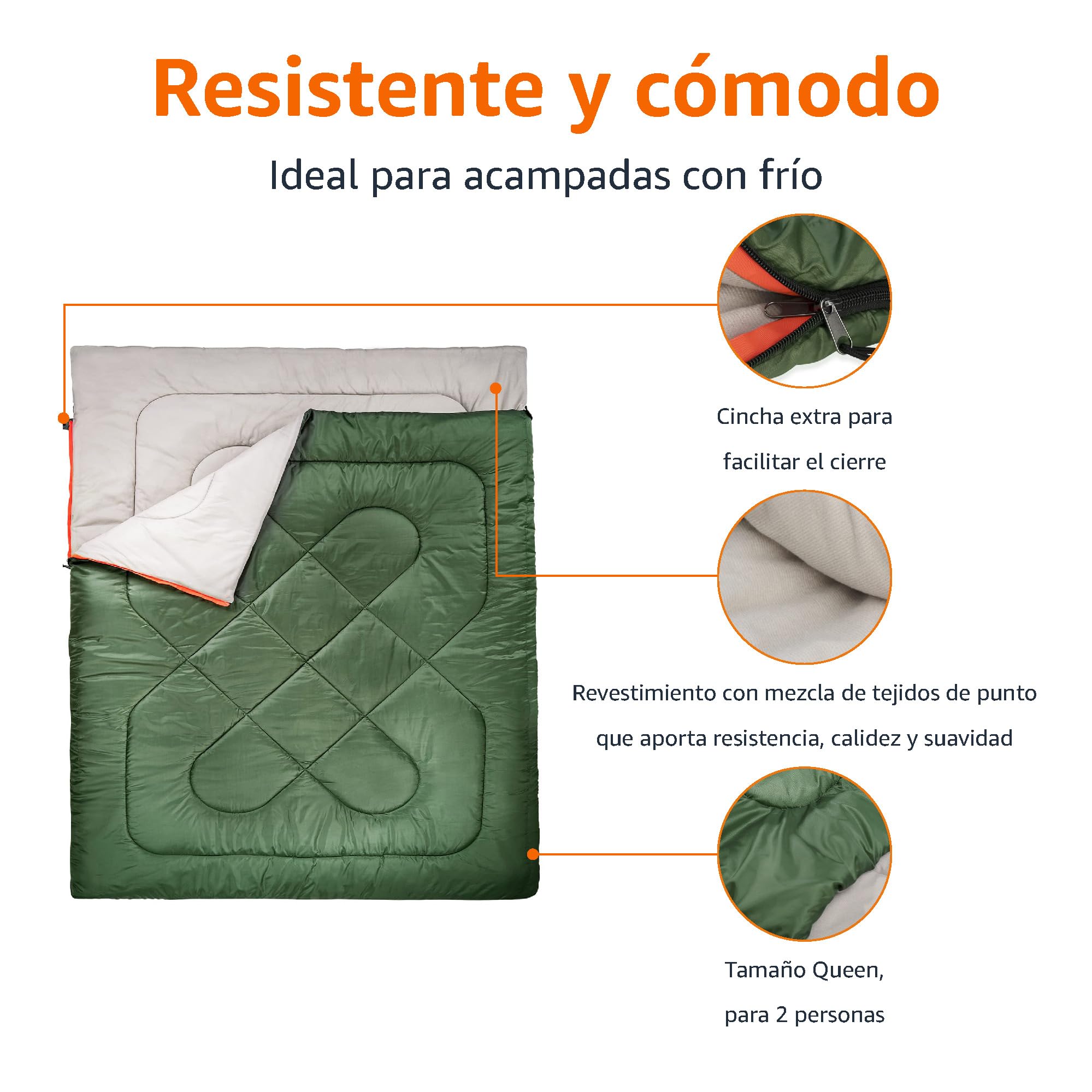 Amazon Basics Rectangular Saco de Dormir para días fríos, Camping y Senderismo, 2 Personas, Queen, Doble Size, Verde Oliva