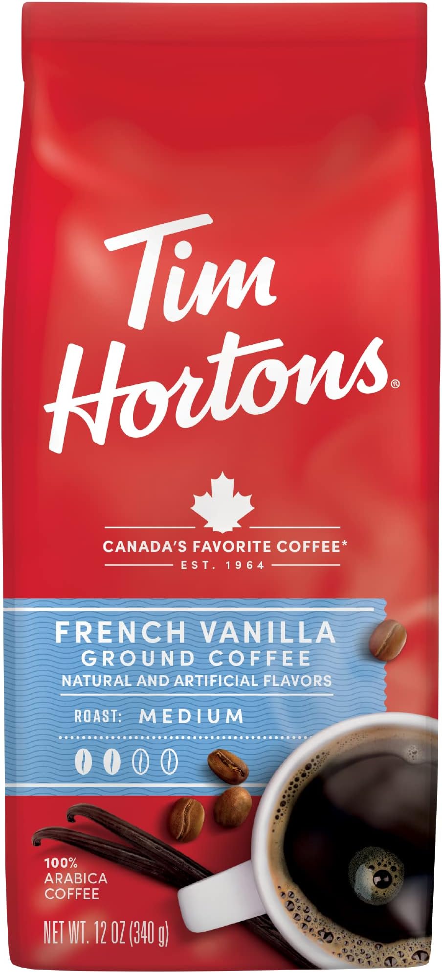 Tim Horton's 100% Arabica Medium Roast, French Vanilla, Ground Coffee, 12 Ounce