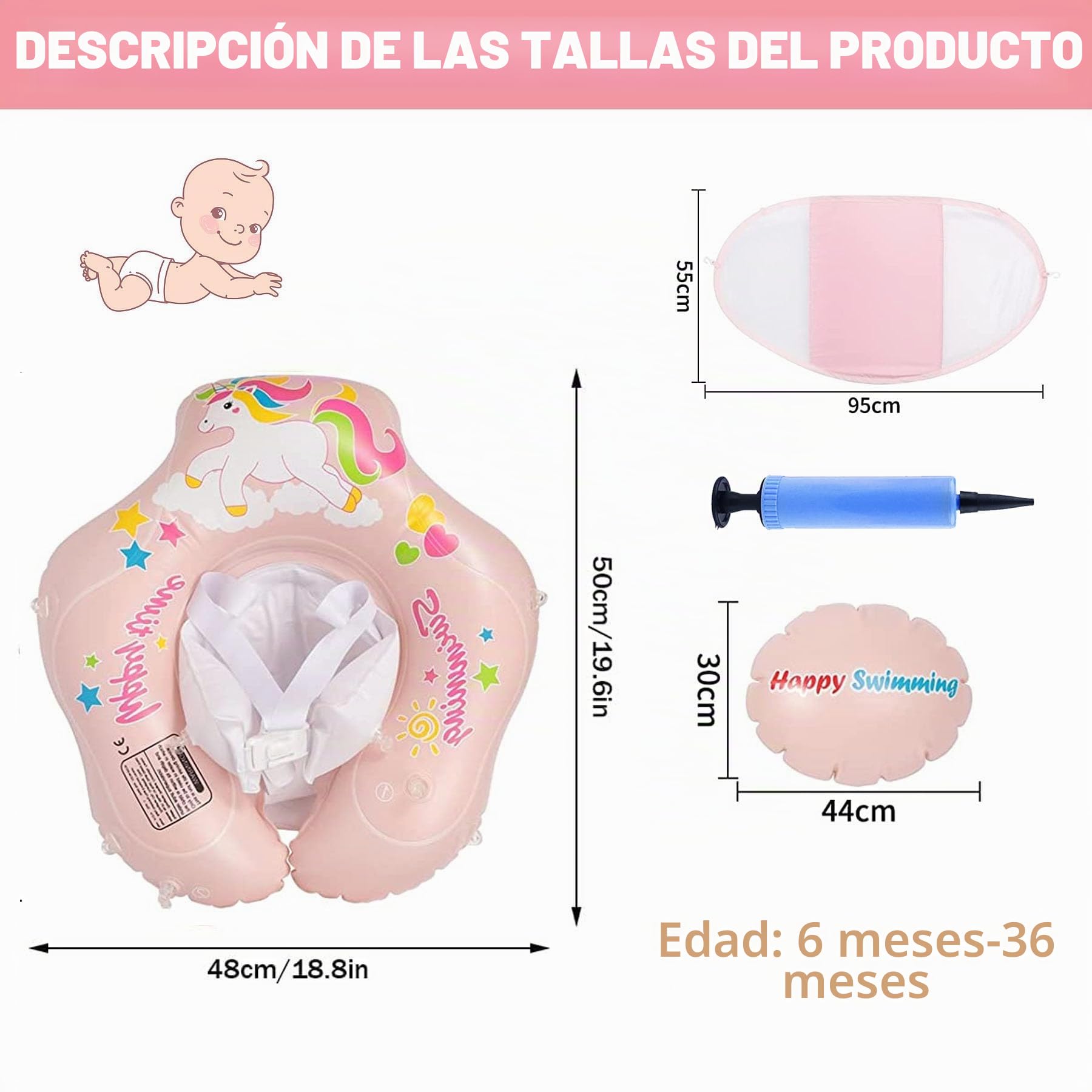 Flotador de natación para bebé con toldo extraíble, Flotador para bebé a Partir de 3 – 36 Meses, Correa de Hombro Ajustable, Flotador antivuelco, Flotador Inflable para bebé