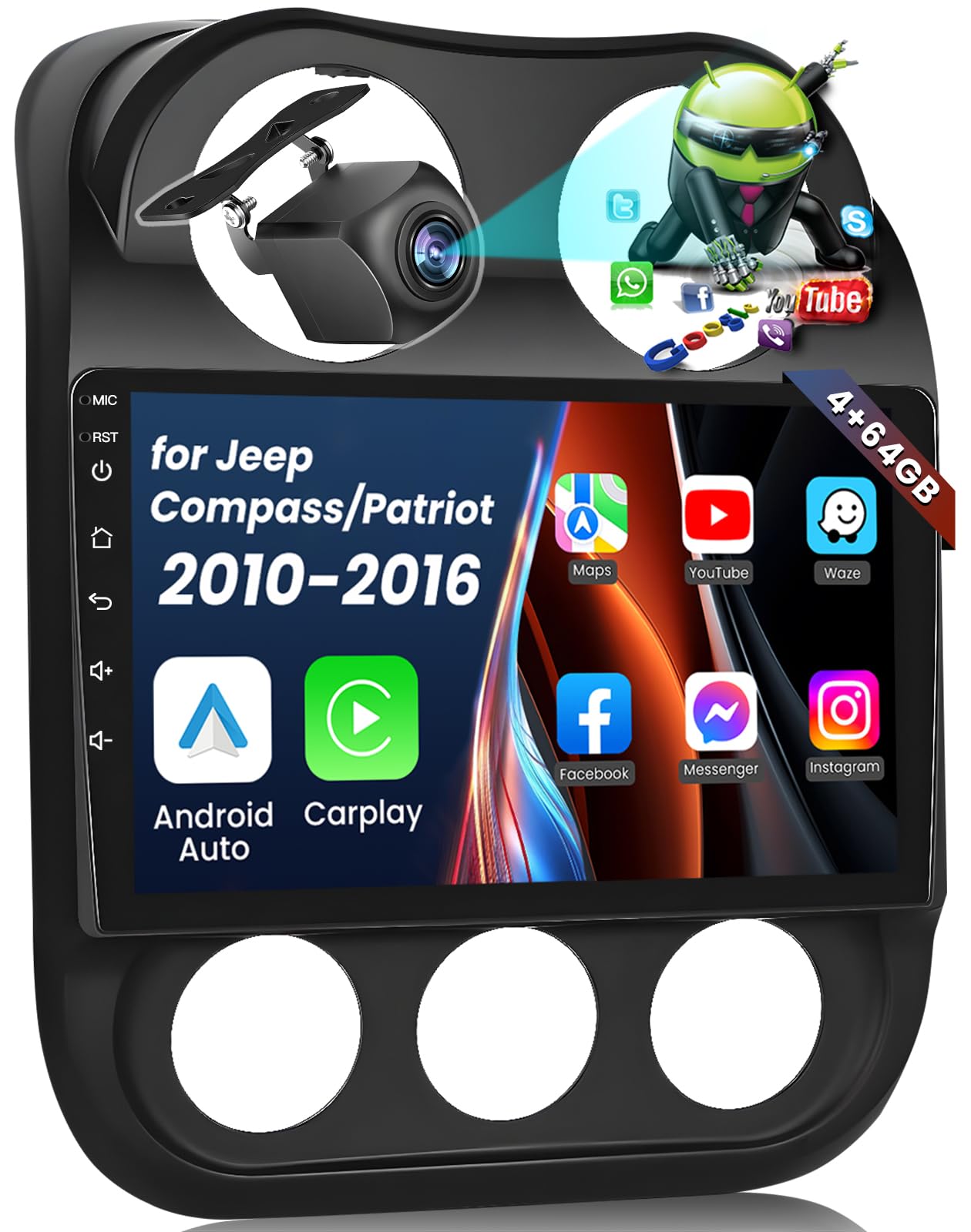 8 Core 4G+64G Android13 Car Radio for Jeep Compass Patriot 2010-2016 with Wireless CarPlay Android Auto, 10.1 inch 1280 * 800HD Car Stereo with 5GWIFI