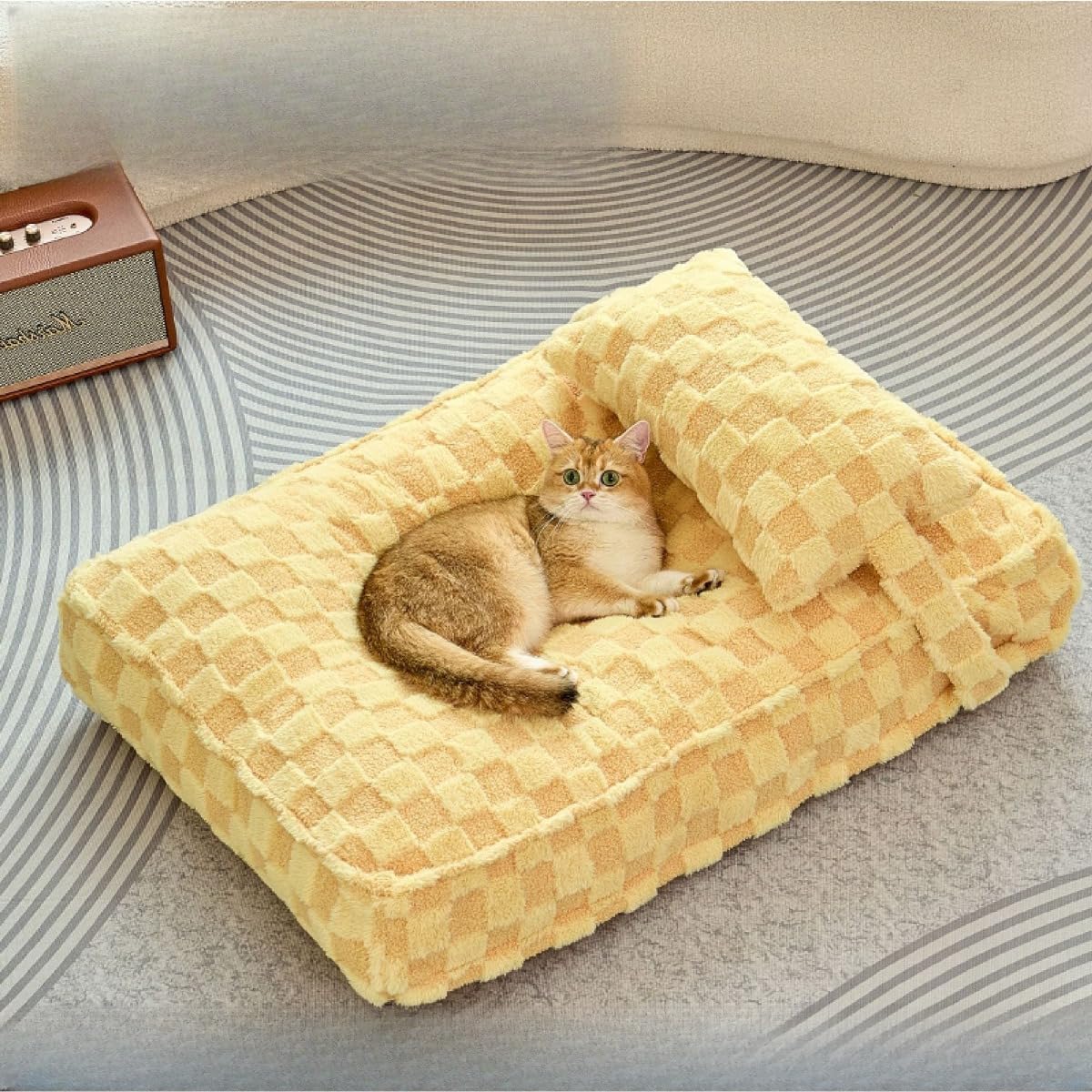 Dog Bed Washable, Large Crate Pad Reversible with Removable Pillow, Pet Bed with Anti-Slip Bottom, Soft Kennel Pad for Small Medium Dogs and Cats (Yellow, 100 x 68 cm)