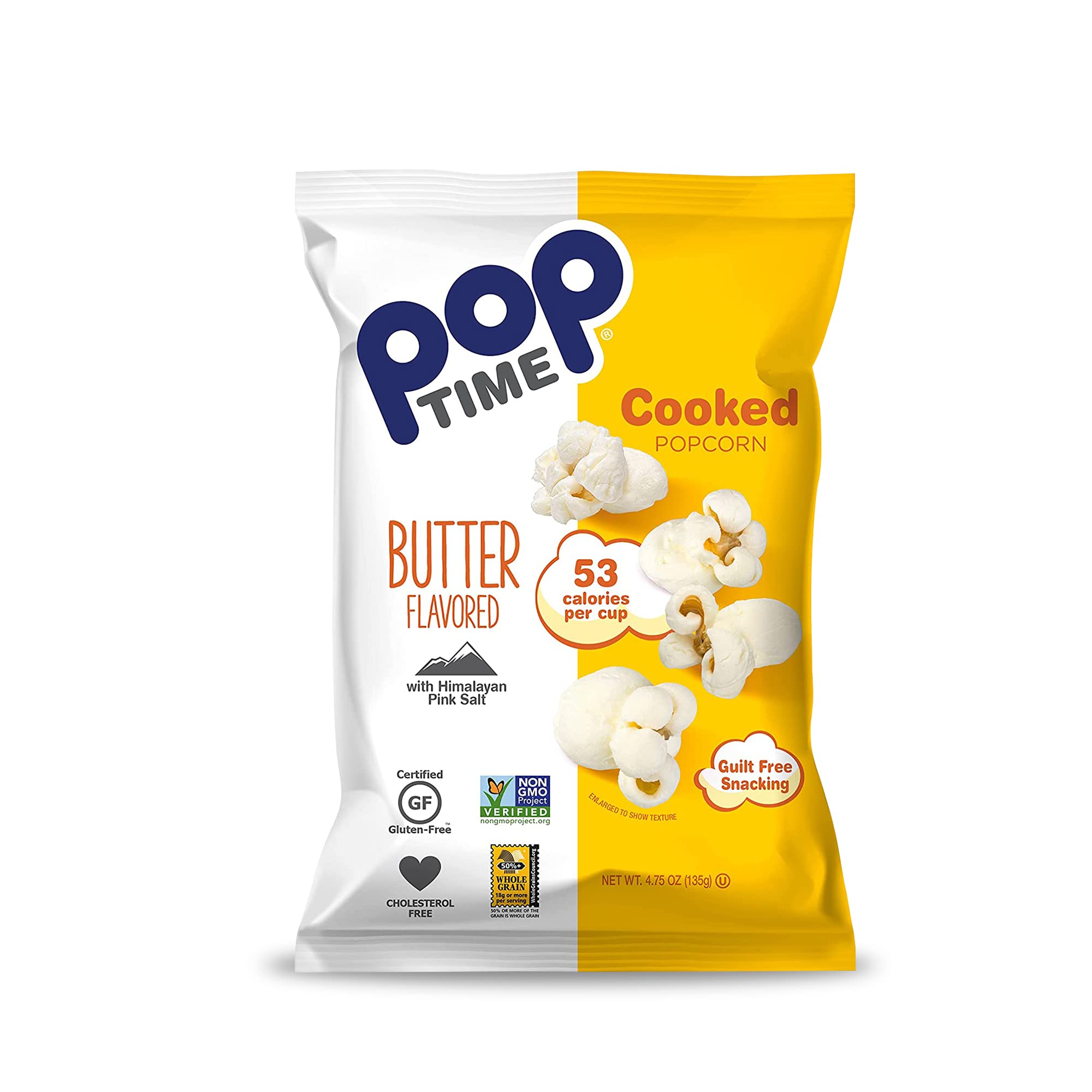 Poptime Cooked Popcorn, Butter Flavour, Gluten Free, Dairy Free and Nut Free Snack, Large Pack of 6 x 135 grams