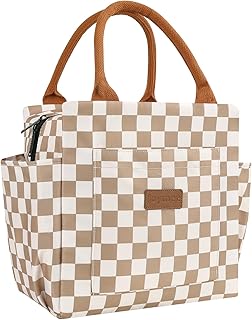 Lunch Bag Women Insulated Lunch Box Reusable Leakproof Large Spacious Cooler Tote for Women Men Adult with Bottle Holder and Side Pockets for Work Office Travel Picnic - Checker Brown