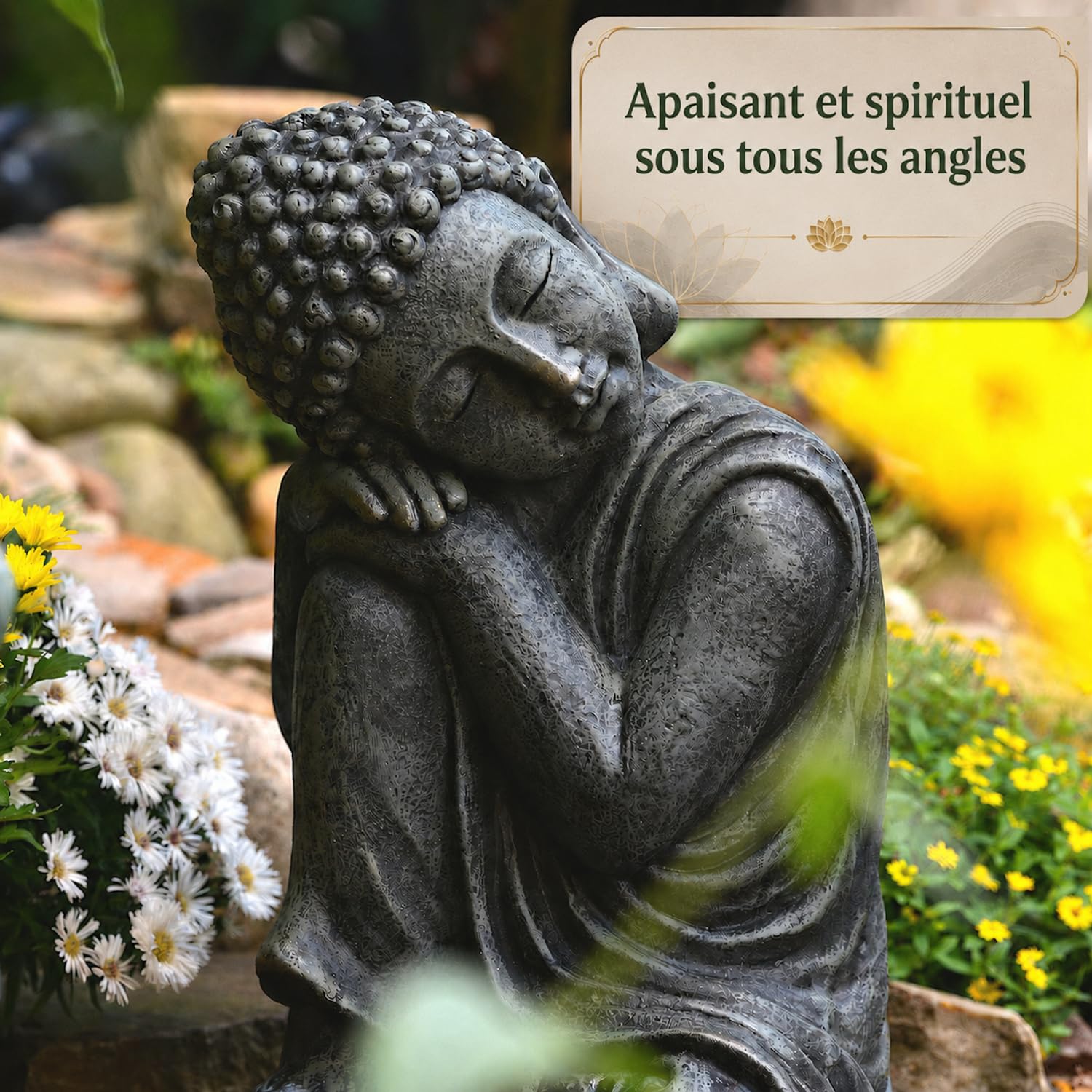 Bouddha de Jardin 44 cm Endormi – Statue Bouddha Aspect Pierre Gris – Déco Figurine Décorative pour Jardin, Terrasse & Balcon