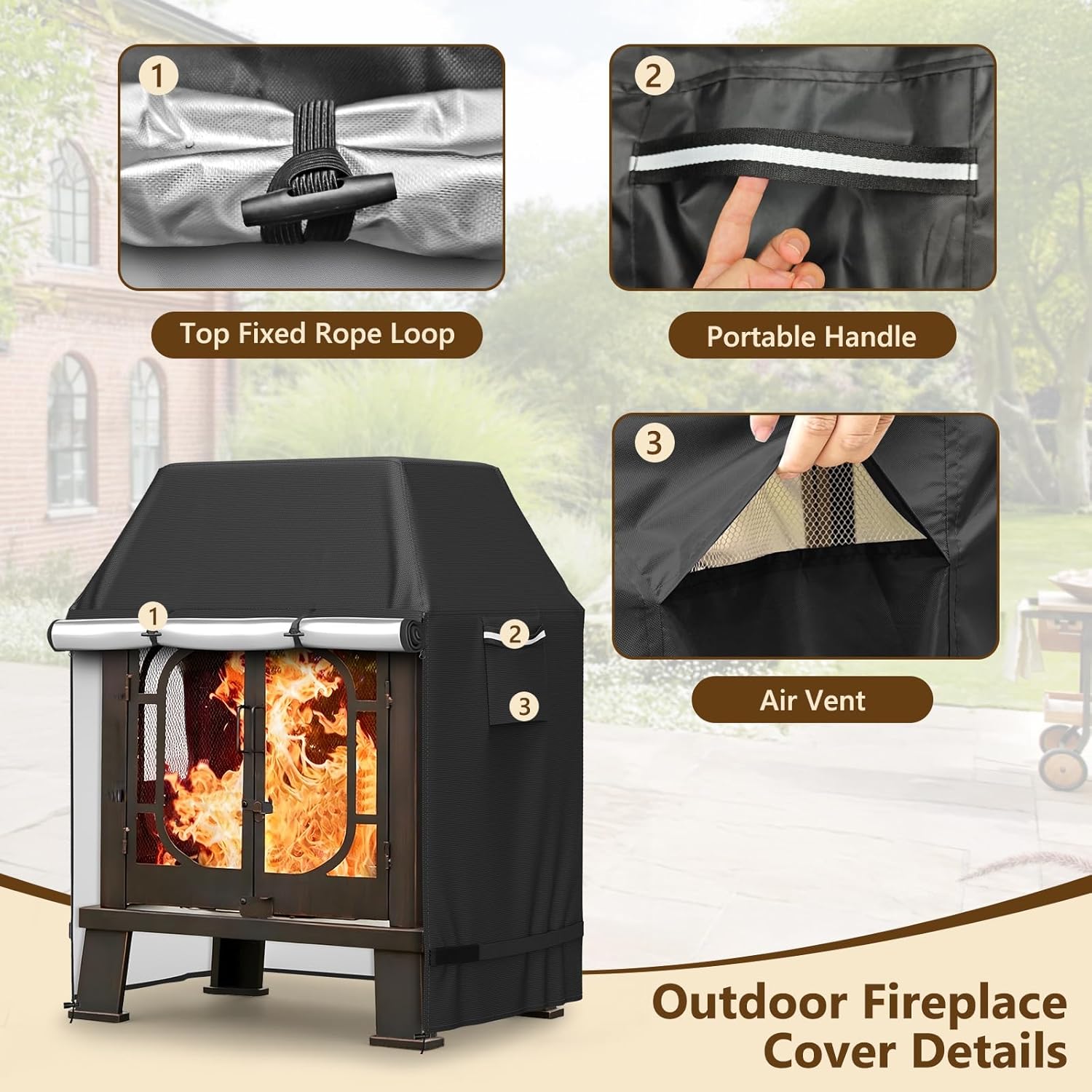 COSHNIBI Outdoor Fireplace Cover,Heavy Duty Waterproof Square Chimineas Fireplace Covers,Cover for Panovue Chiminea Fire Pits,32”L x 24”W x 45”H,Black