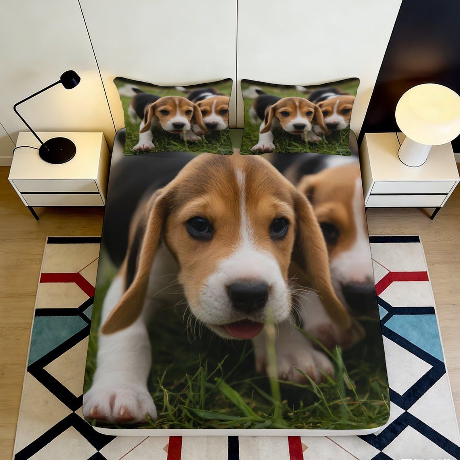 3D Printed Cute Puppy Fitted Sheet Microfiber Soft Breathable Beagle Dogs Mattress Cover for Bedroom Dormitory Guest Room Mattress Protection Decor 120x200x25cm