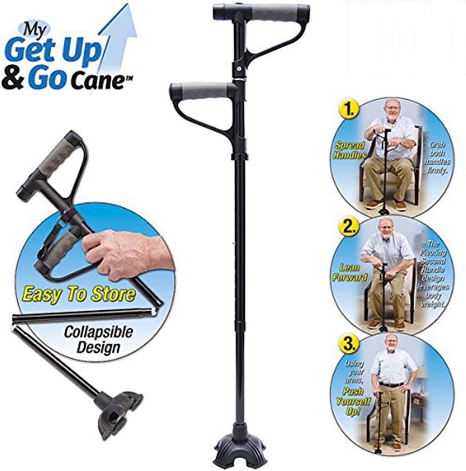 Shopyunlimited MY GET UP & GO CANE Foldable Height Adjustments Second Handle Convenient Walking Stick With LED Lights