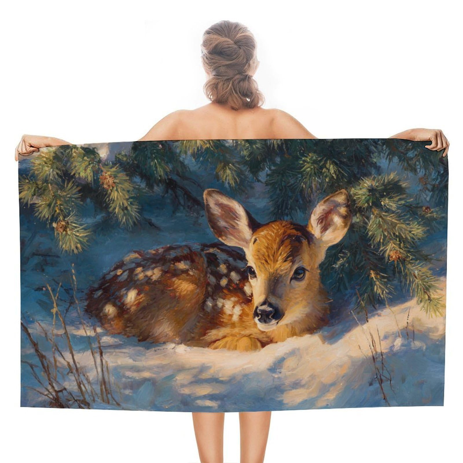 asbwuo Deer Under Evergreen Tree in The Snow Beach Towel