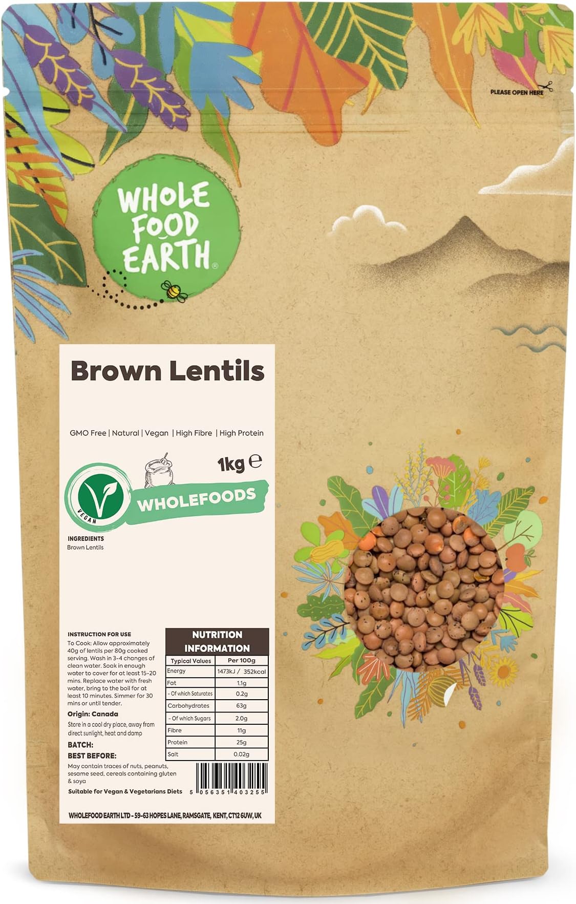 Wholefood Earth Brown Lentils 1 kg | GMO Free | Natural | High Fibre | High Protein