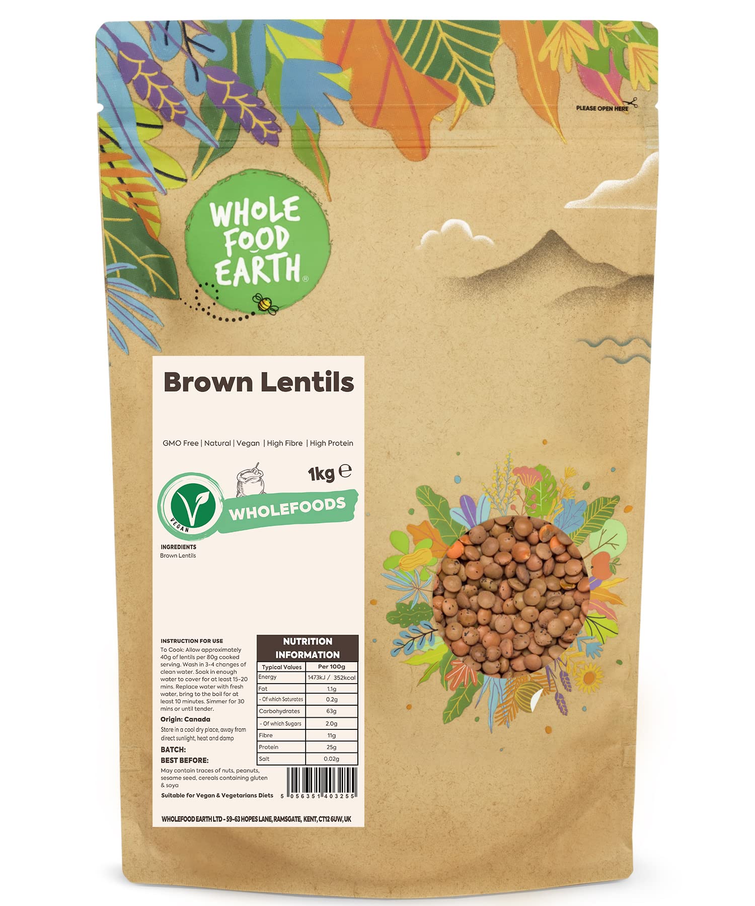 Wholefood Earth Brown Lentils 1 kg | GMO Free | Natural | High Fibre | High Protein