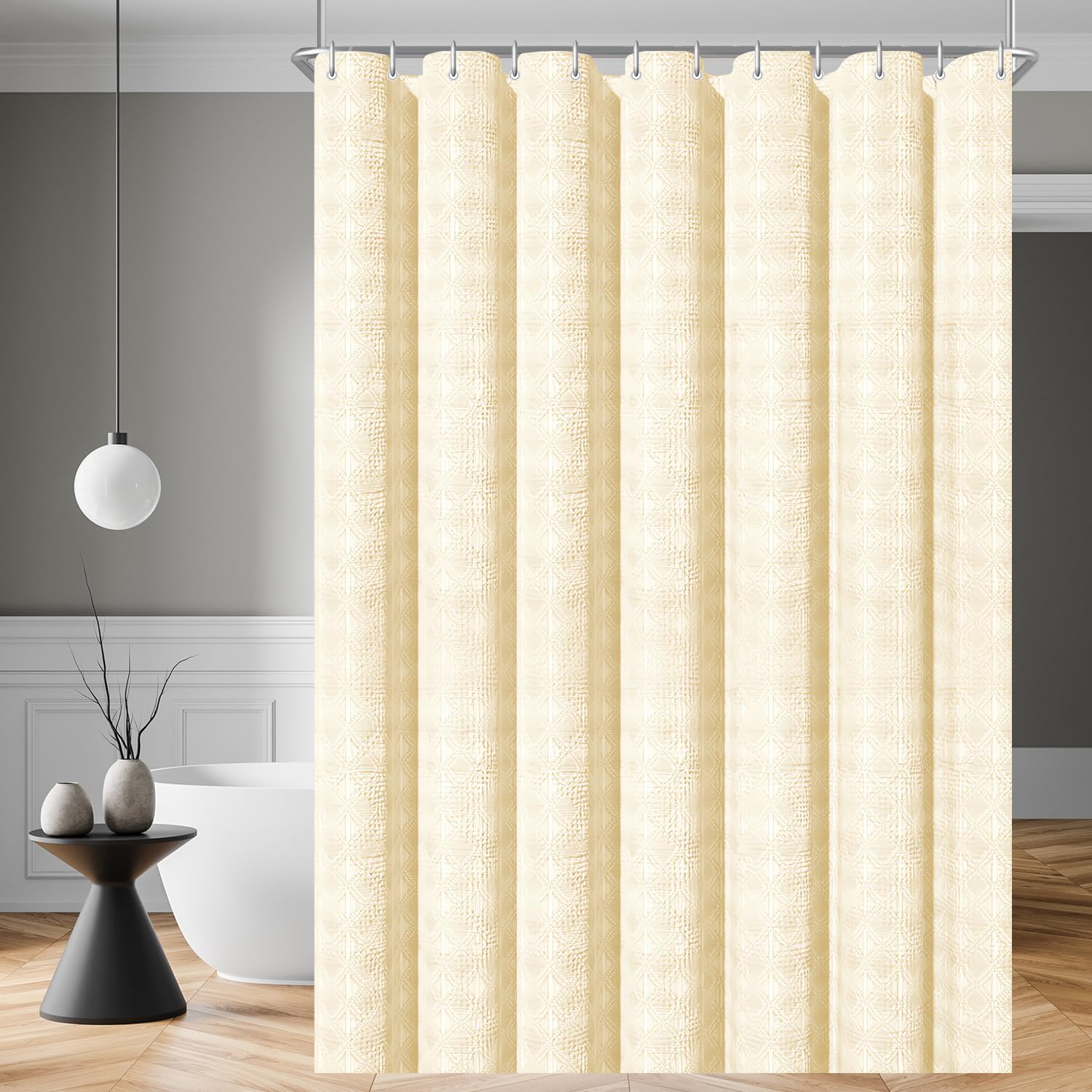 Lerores Rideau de douche 180 x 200 cm - Motif gaufre diamant - Beige - Ourlet lesté - Textile anti-moisissure - Imperméable - Lavable - Tissu polyester - Pour salle de bain, baignoire - Avec 12