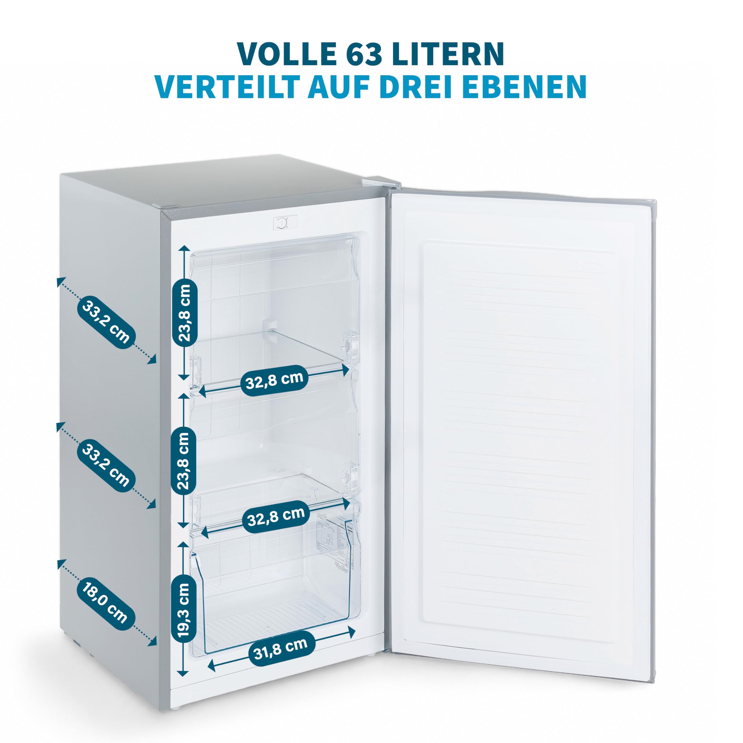 Gefrierschrank klein 63L, Mini Gefrierschrank, Glasablage, 4 Sterne Tiefkühlschrank bis -18 °C, leise 39 dB, Türanschlag wechselbar, freistehend, für Küche/Büro/Keller/Camping, Silber