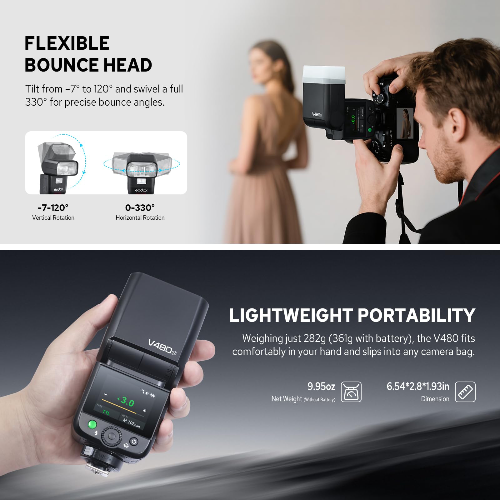 Godox V480-N Flash TTL pour Appareil Photo Nikon, GN50 Speedlite Tactile Écran Flash de Nikon, HSS 1/8000s USB-C Charge Support 650 Fois Flashs avec Modeling Lampe