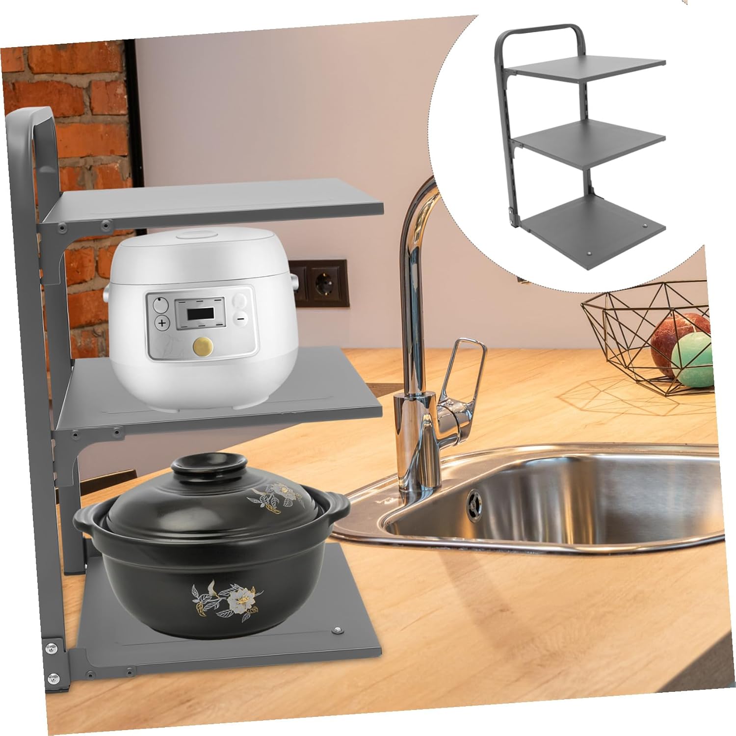 Foldable Carbon Steel Pot Organizer Rack for Kitchen Cabinets Draining Pan Storage with Strong Stability Convenient Space-saving Rack for Pots Pans Steamers and Spice Bottles