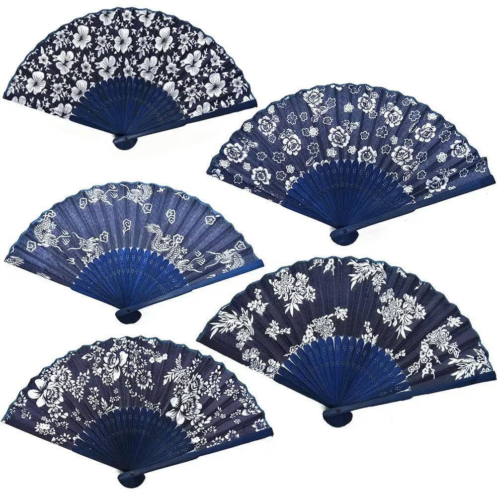 Éventail pliable en tissu bleu ZBDP avec motif floral pour décoration