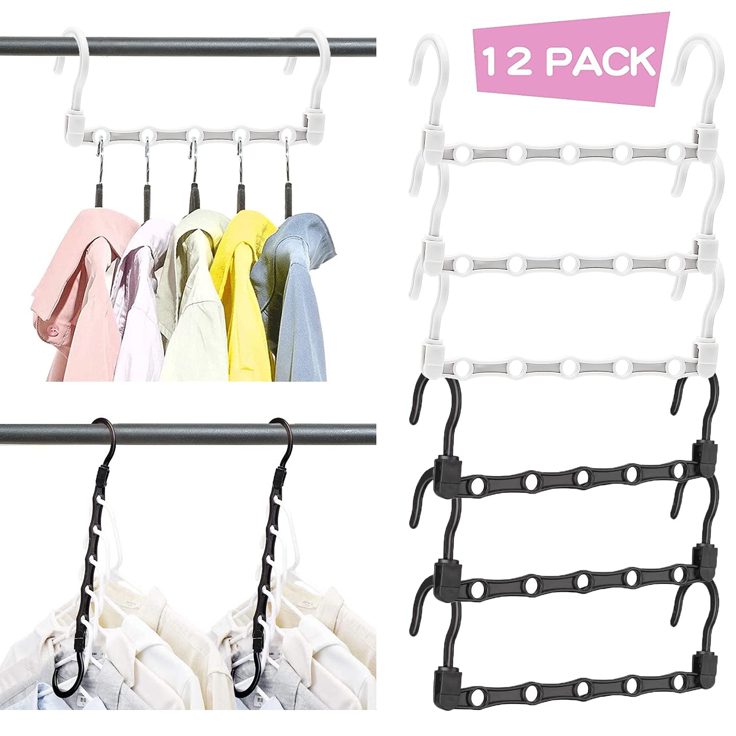LSXX Closet Organizer, 12 Pack of Space-Saving Closet Organizers and Storage Hangers, Sturdy and Stackable, Multifunctional Closet Storage Hangers, Essential Hangers for Dormitories (Black and White)