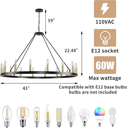 Miniatura 7 de Candelabro de rueda de carro de oro negro candelabro redondo grande de 16 luces de 43 pulgadas, lámpara de granja para techos altos, lámpara rústica