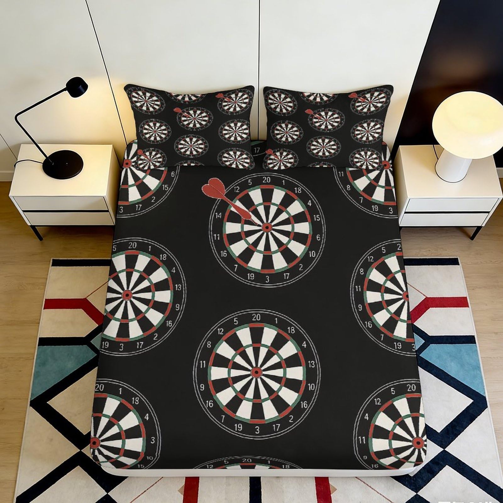 3D Printed Dartboard Pattern Fitted Sheet Microfiber Black Game Target Bed Cover Anti-Slip for Bedroom Guest Room 90x200x25cm