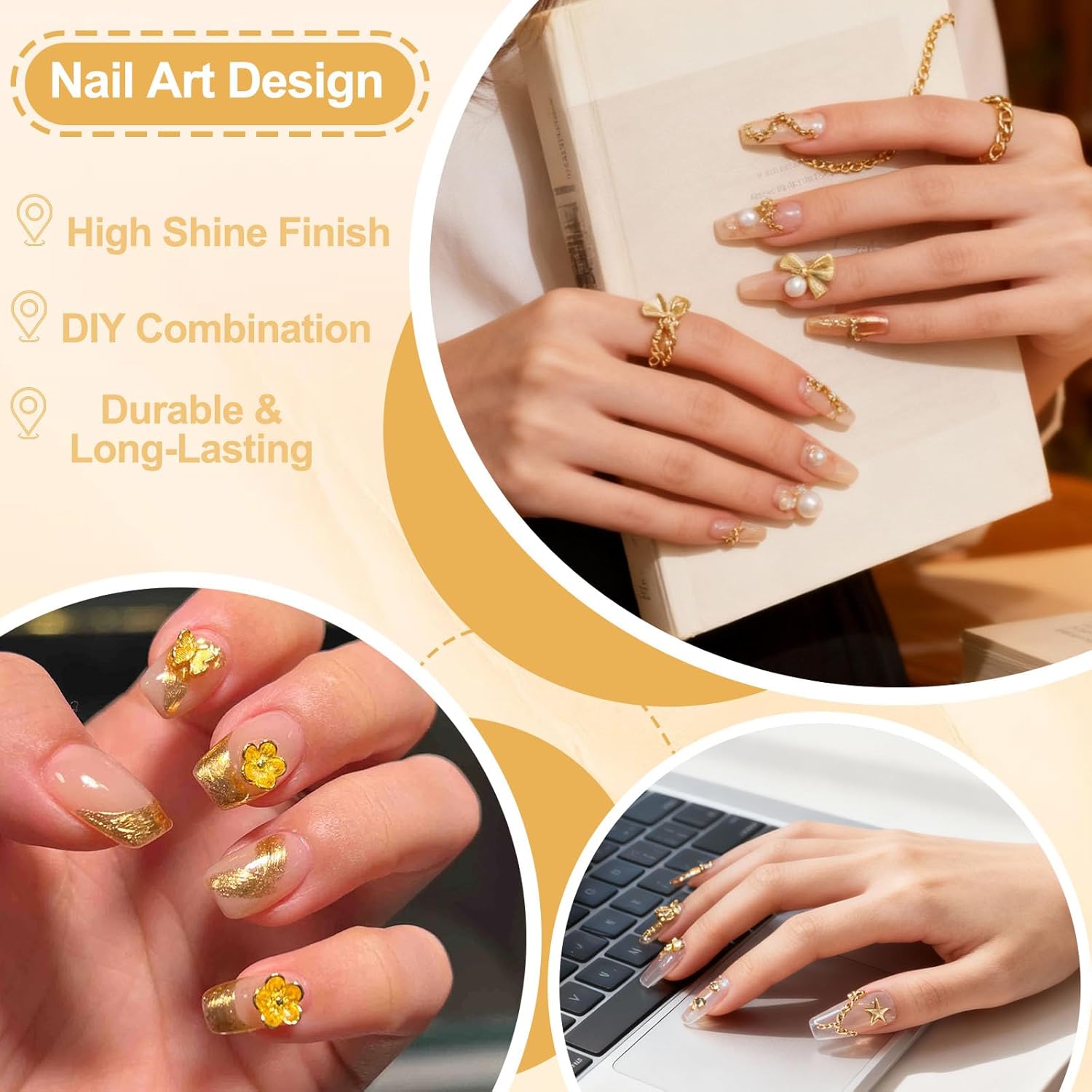 SIUSIO Gold Nail Charms and Gems Kit, 5 Boxes Metallic Nail Art Gems Flatback Crystal Champagne Rhinestones Gold Caviar Beads 3D Cross Stars Rose Hearts Virgin Mary Bow Gemstones for Nails Manicure - Image 4