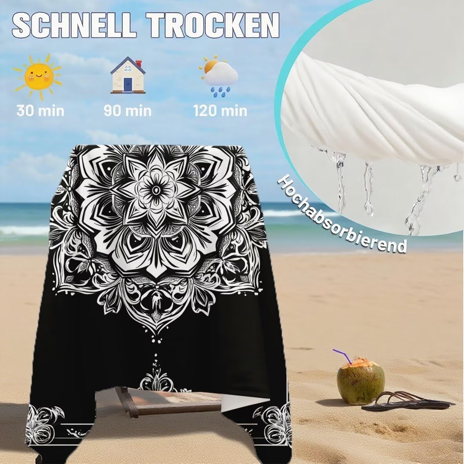 Toallas de Playa Microfibra Negro Toalla Playa Grande 180x90 cm Mujer Hombre Secado Rápido Absorbente Toallas Gimnasio Suave Sin Arena Ligera Toalla Microfibra para Playas Piscina Viajes Camping Q-774