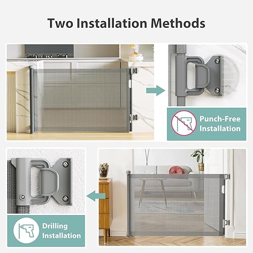 Miniatura 3 de Puertas retráctiles para bebés sin perforaciones para escaleras con bloqueo automático, 33 x 55 pulgadas de malla para bebés, perros, mascotas y