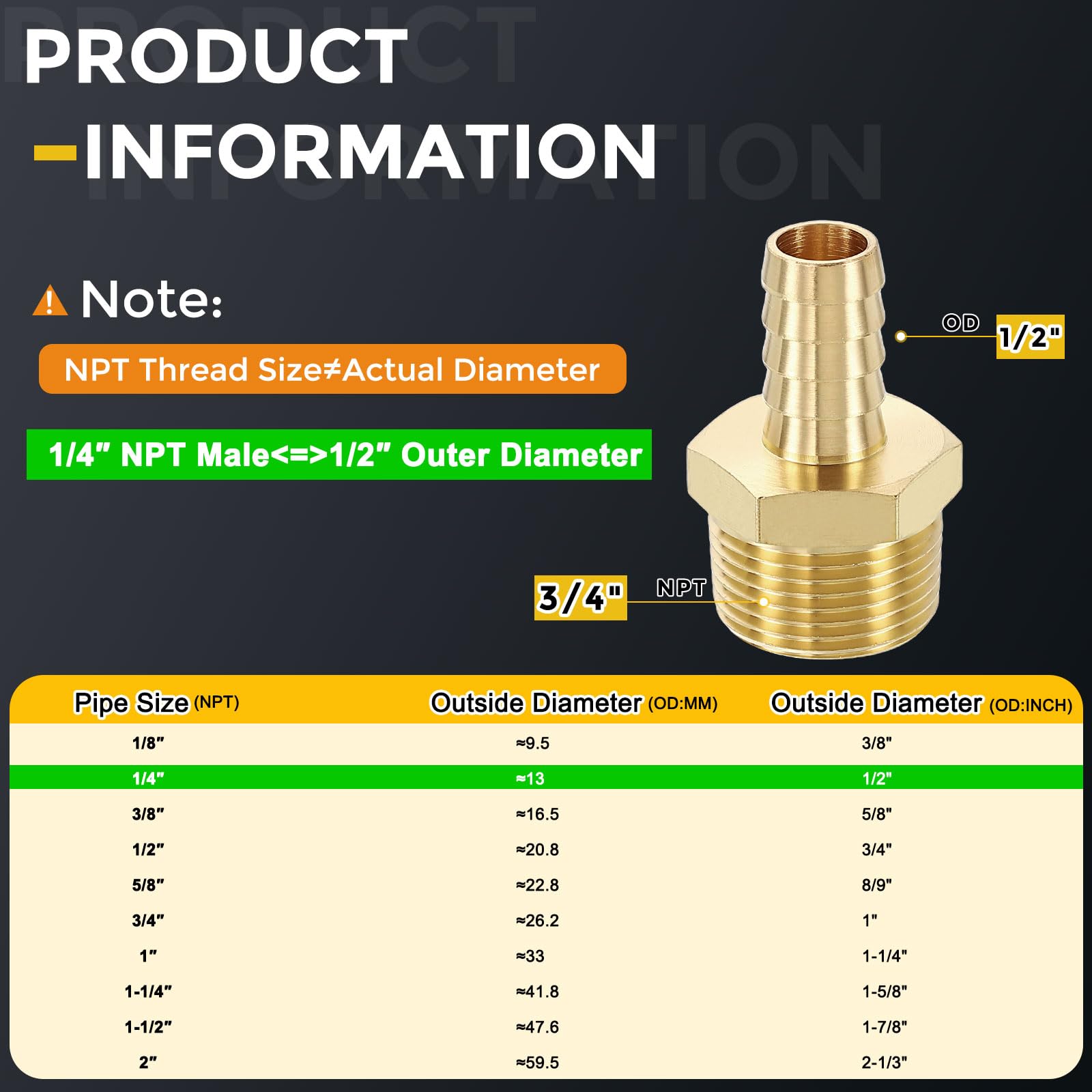 METALLIXITY 10 Pcs Brass Hose Barb to NPT Male Adapter 1/2" Barb x 3/4" NPT Male for Automotive Motorcycle, Marine, Truck - Image 2