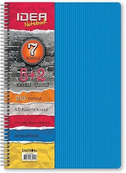 Çınar Idea 5+2 210 Yaprak 7 Bölmeli Defter A5 Boyut (17x24 cm) Separatörlü Spiralli Okul Defteri Dayanıklı PP Plastik Sert Kapak Kareli Çizgili Ayraçlı Seperatörlü Ders ve Not Defteri