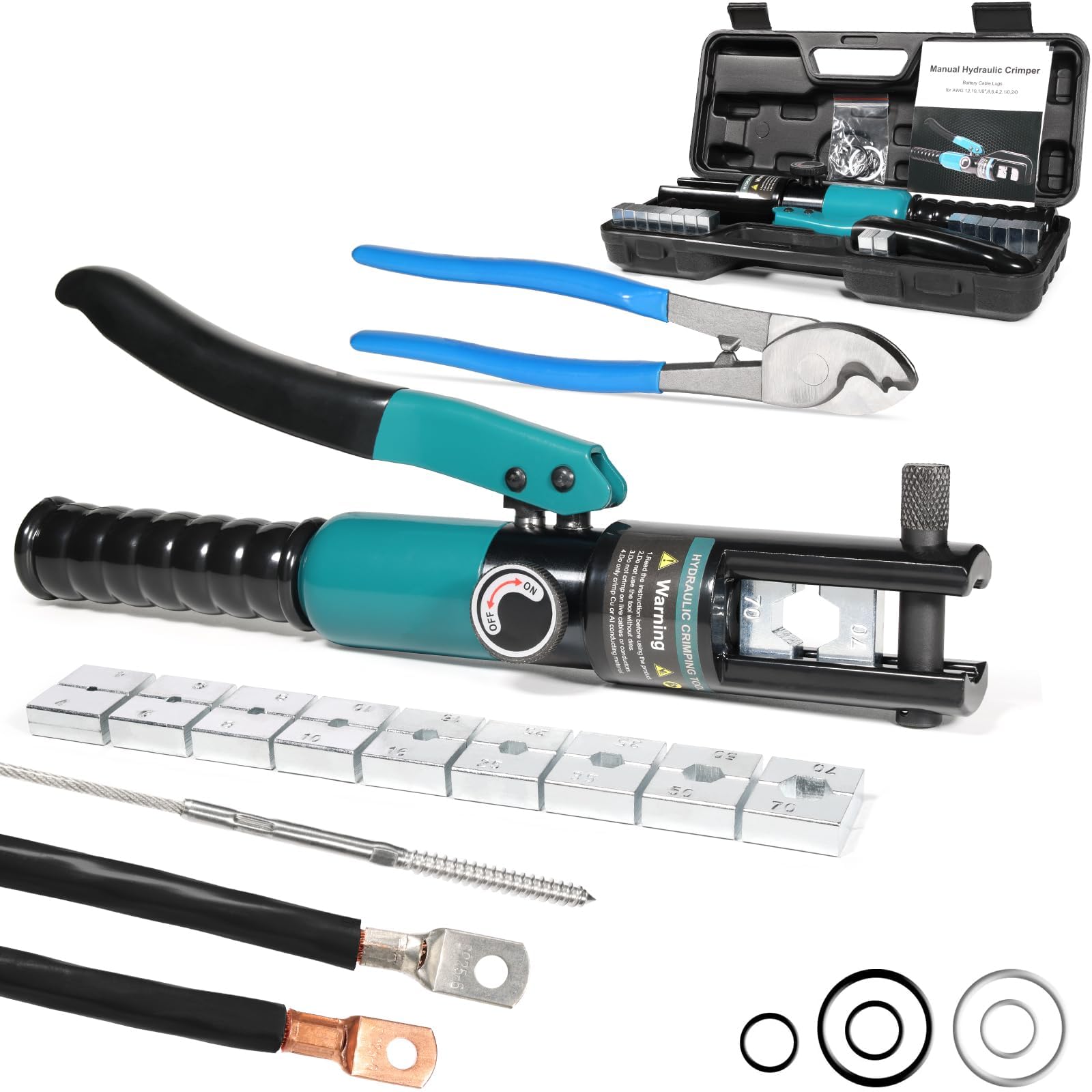 10-Ton Hydraulic Crimping Tool Kit with Cable Cutter & 9 Dies for 12 AWG to 2/0