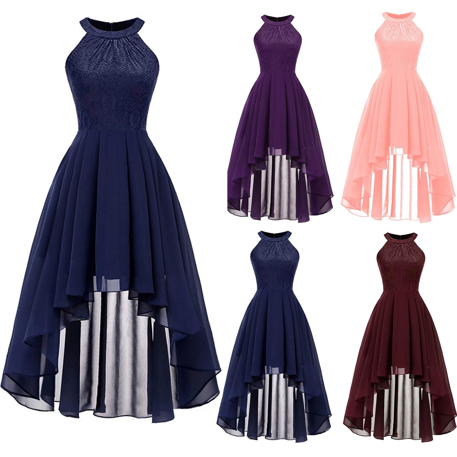Generic Elegante vestido de noche para mujer, vintage, cuello halter, gasa, vestido de invitada de boda, sin mangas, vestido de línea A, ajustado, liso, de encaje, vestido de fiesta largo con espalda corta