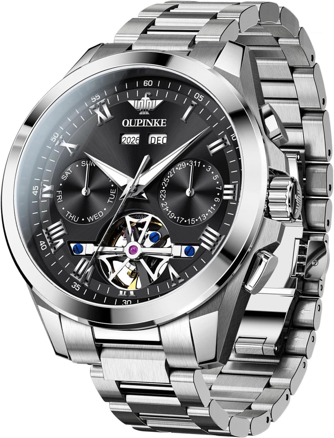 Watch for Men Automatic Wristwatch 3D Dial with 5ATM Waterproof Luminous Calendar Skeleton Watches-Sapphire Crystal Tungsten Steel Strap