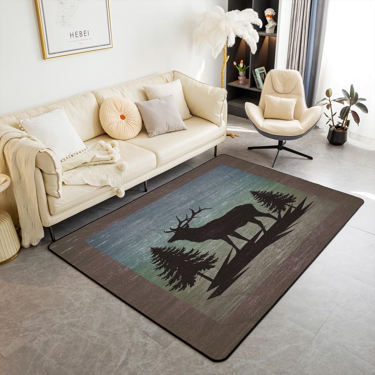 Deer Decor Carpet Living Room Rugs Rustic Western Farmhouse Accent Rug Cover Room Decor Retro Wildlife Animal Indoor Floor Mat Area Rug 5x7