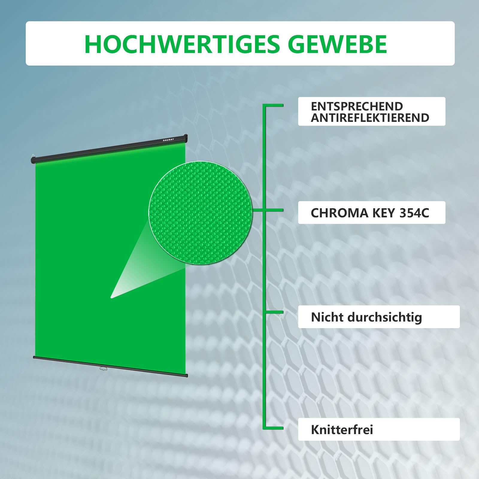 RAUBAY 152x220cm Einziehbarer Greenscreen Chroma-Key-Hintergrund | Herunterziehbarer zusammenklappbarer Wandhintergrund für professionelle Videoproduktion, YouTube, TikTok, Streaming