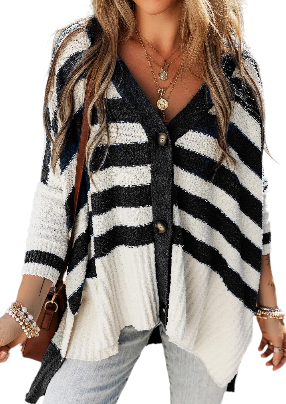 SELINK Womens Cardigan Sweater Casual V Neck Buttoned High Low Sweater Cardigan Striped Long Sleeve Daily Outwear