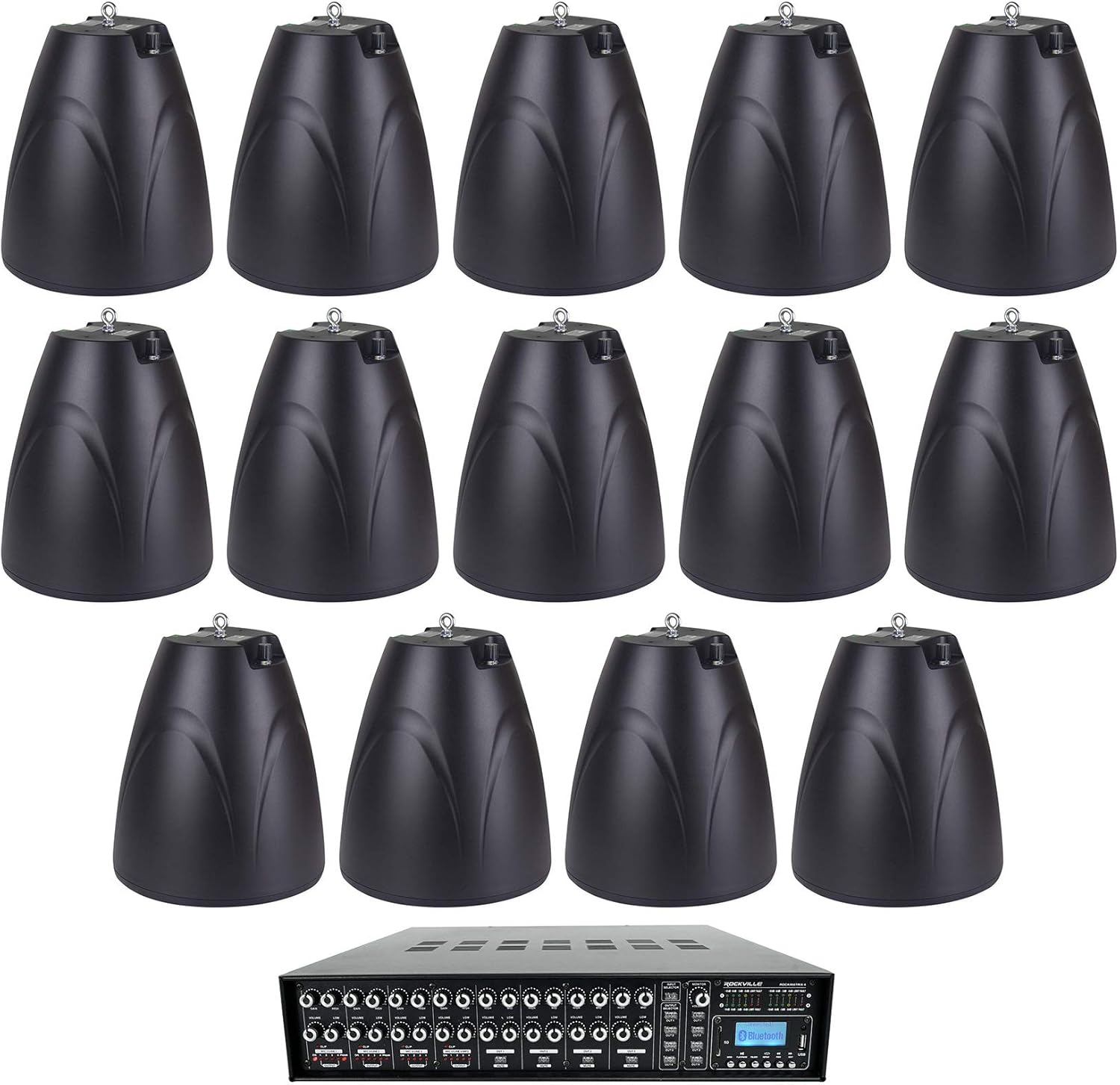 Rockville Bundle Rock Matrix 4 Zone 70 Volt Commercial Amplifier+Matrix Source Routing Bundle with (14) PEN-65T Black 6.5" 70V Hanging Pendant Speaker Commercial (15 Items)