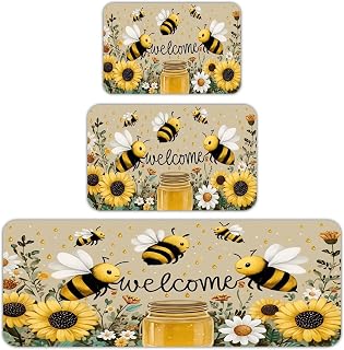 Welcome Bees Honey Jar Sunflowers Floral Anti Fatigue Kitchen Rug Set of 3 Non-Slip Waterproof Cushioned Comfort Standing Floor Mat Washable Farmhouse Decorative Rug for Kitchen Office Sink Laundry Ha