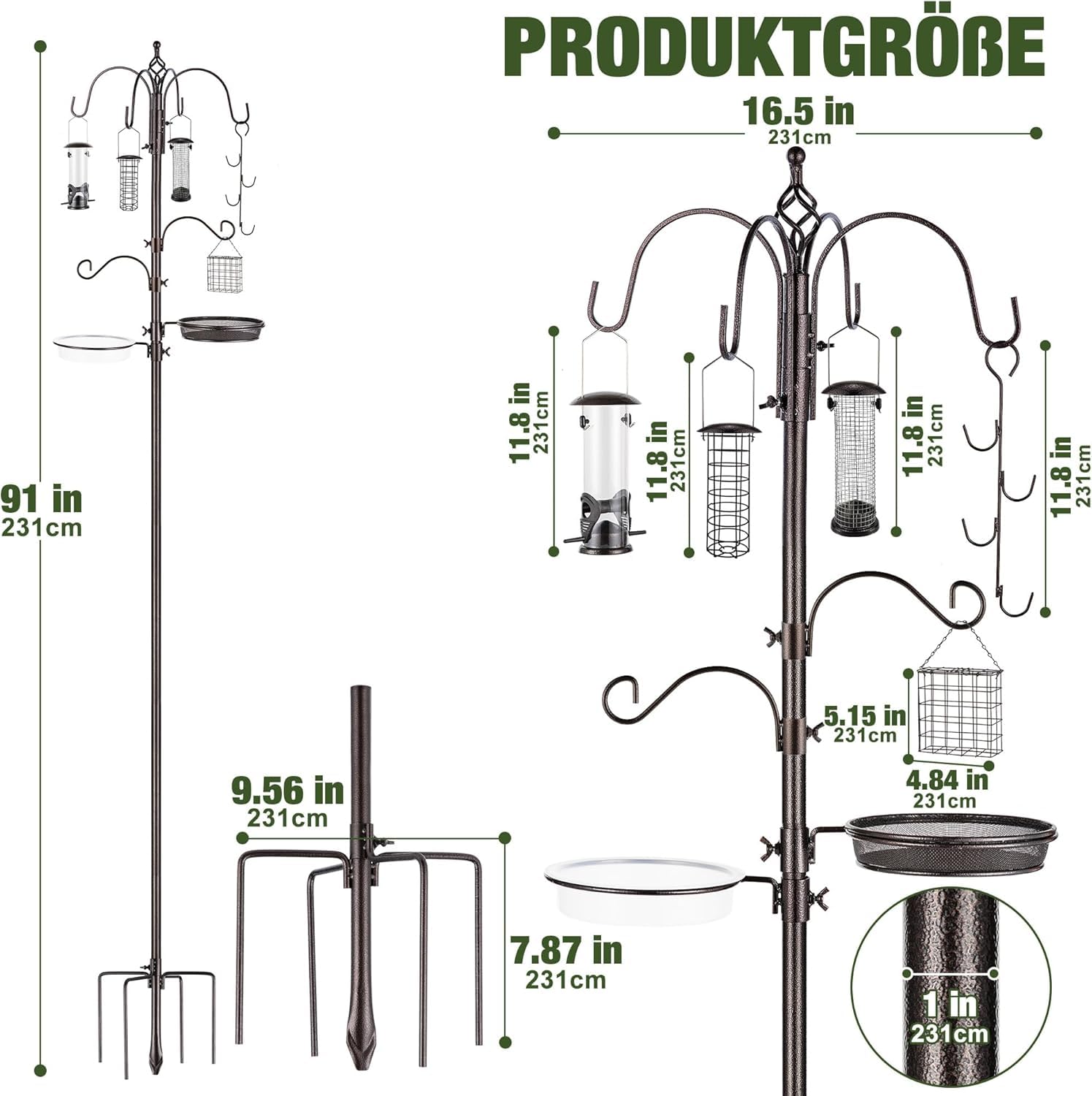 Urban Deco Kit de estación de alimentación para pájaros silvestres, kit de poste de comedero para pájaros, kit colgante múltiple para colgar con comedero de sebo de metal, baño para pájaros para